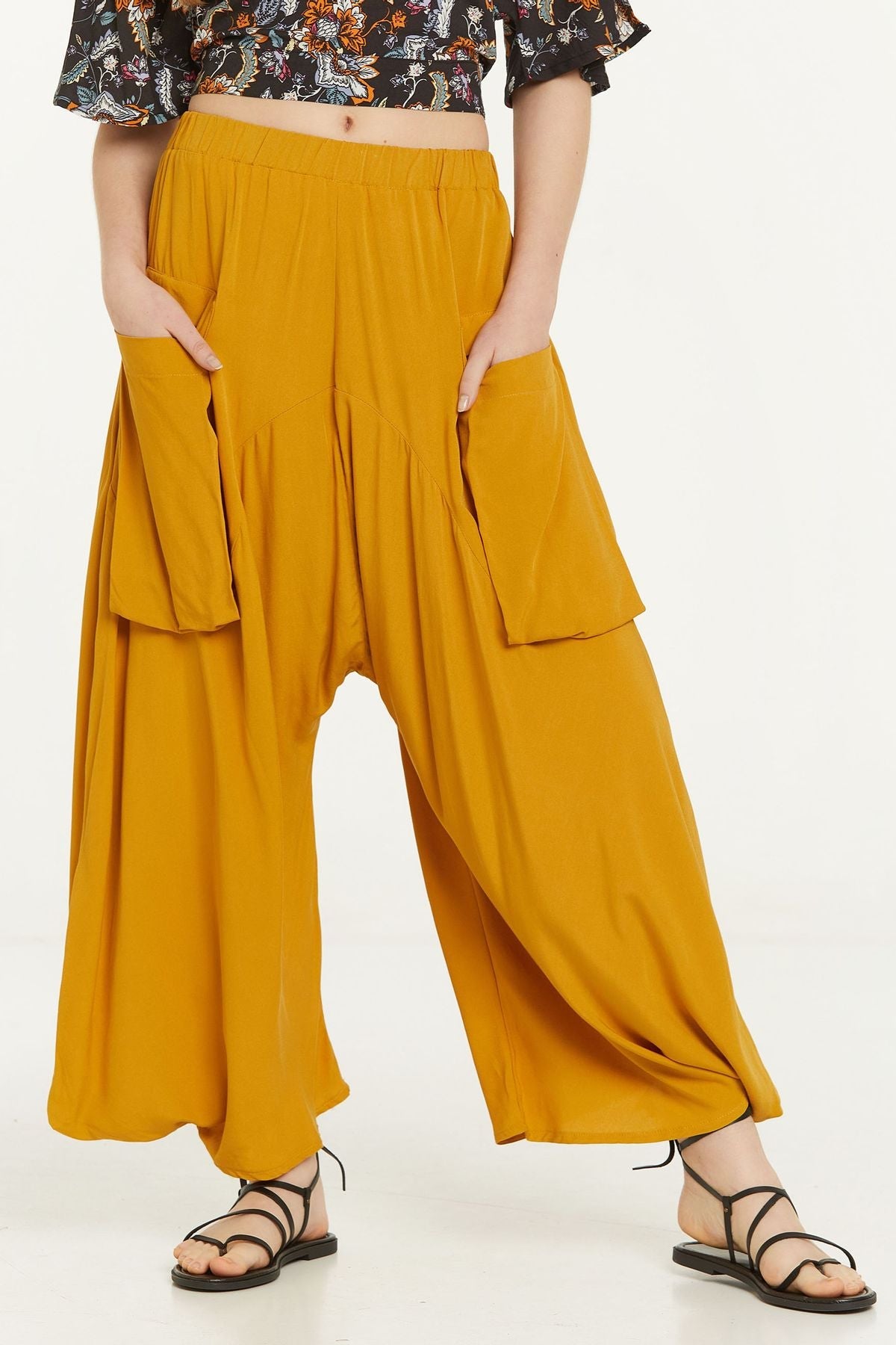 Elastic Waist Harem Style Unisex Pants Yellow