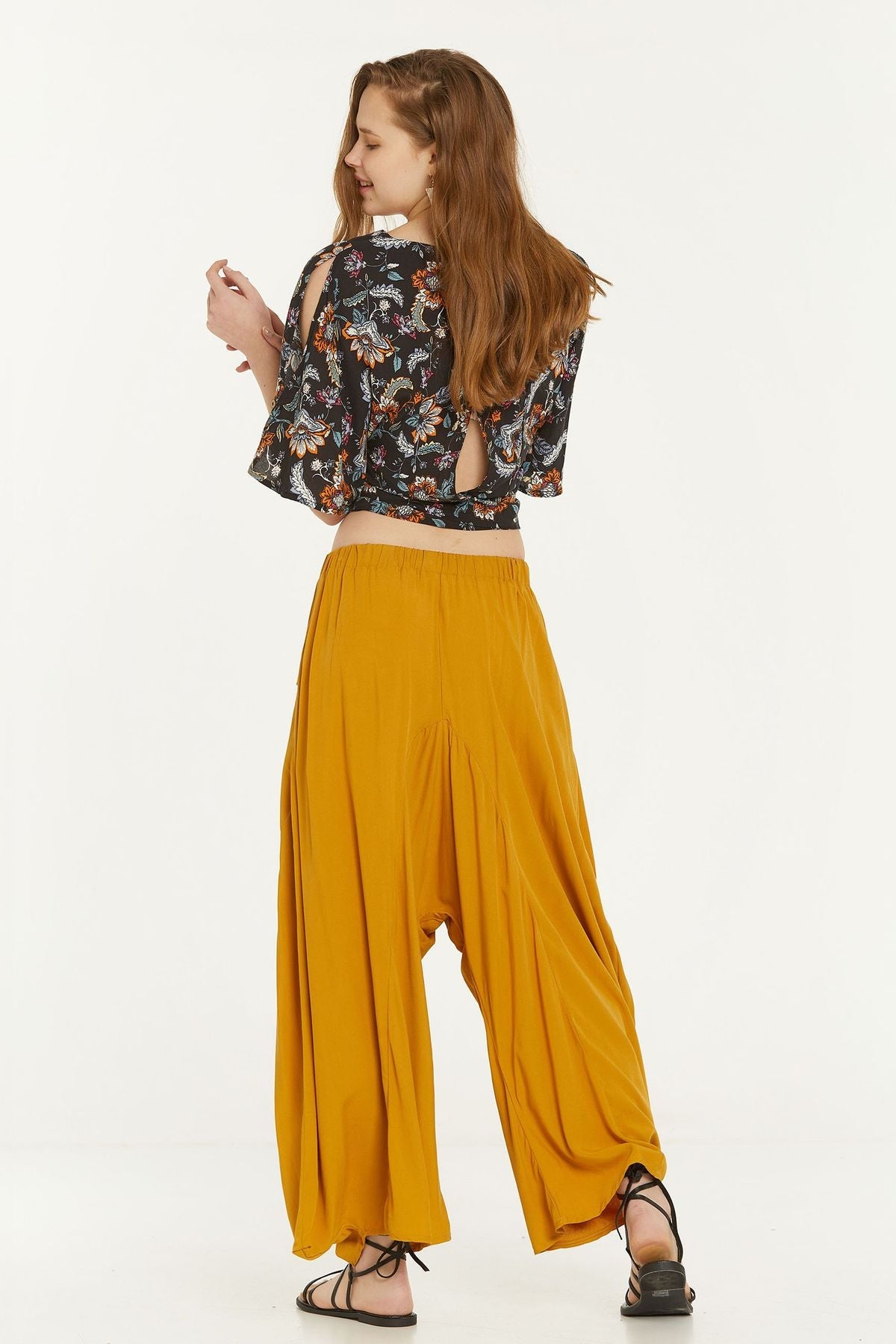 Elastic Waist Harem Style Unisex Pants Yellow