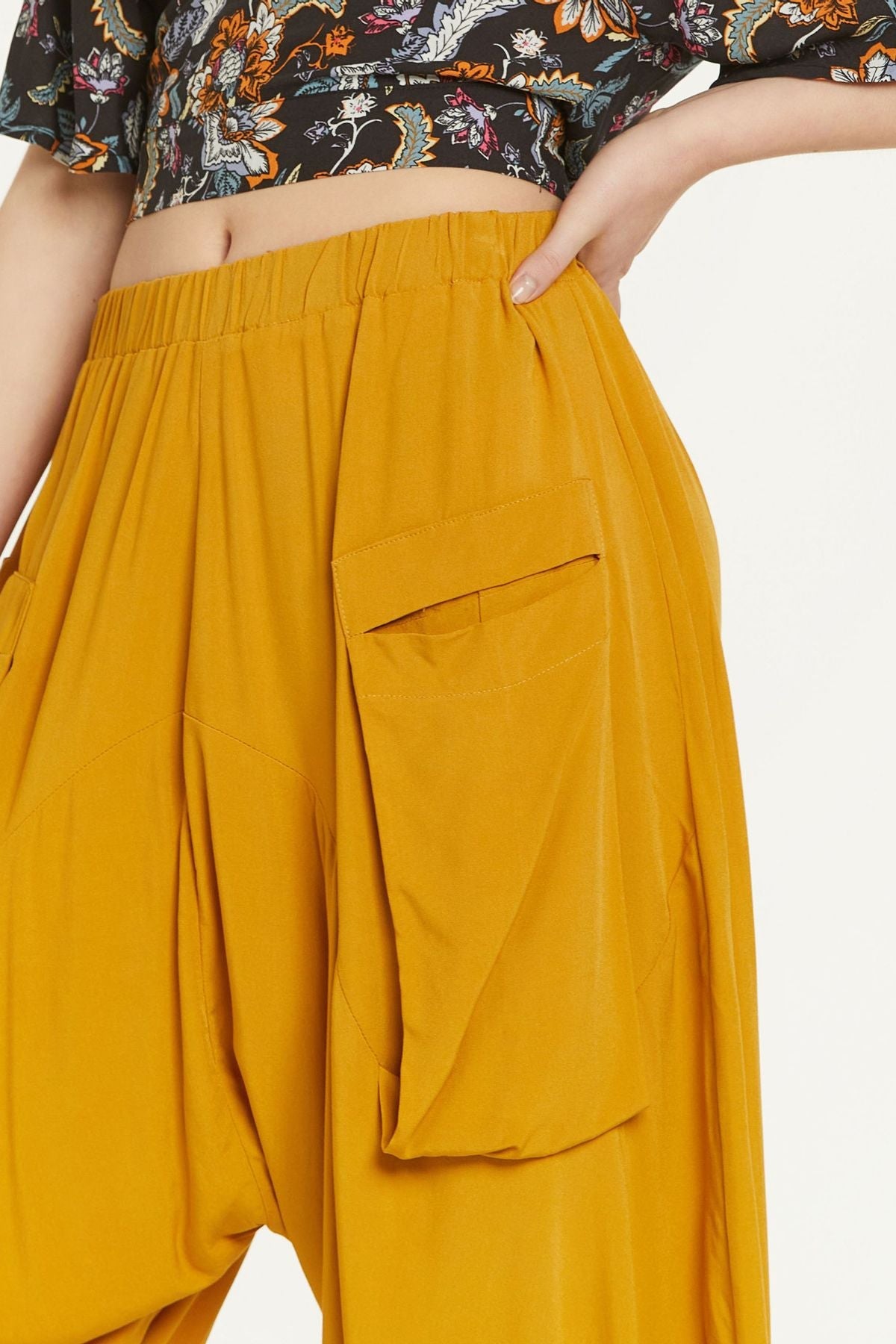 Elastic Waist Harem Style Unisex Pants Yellow