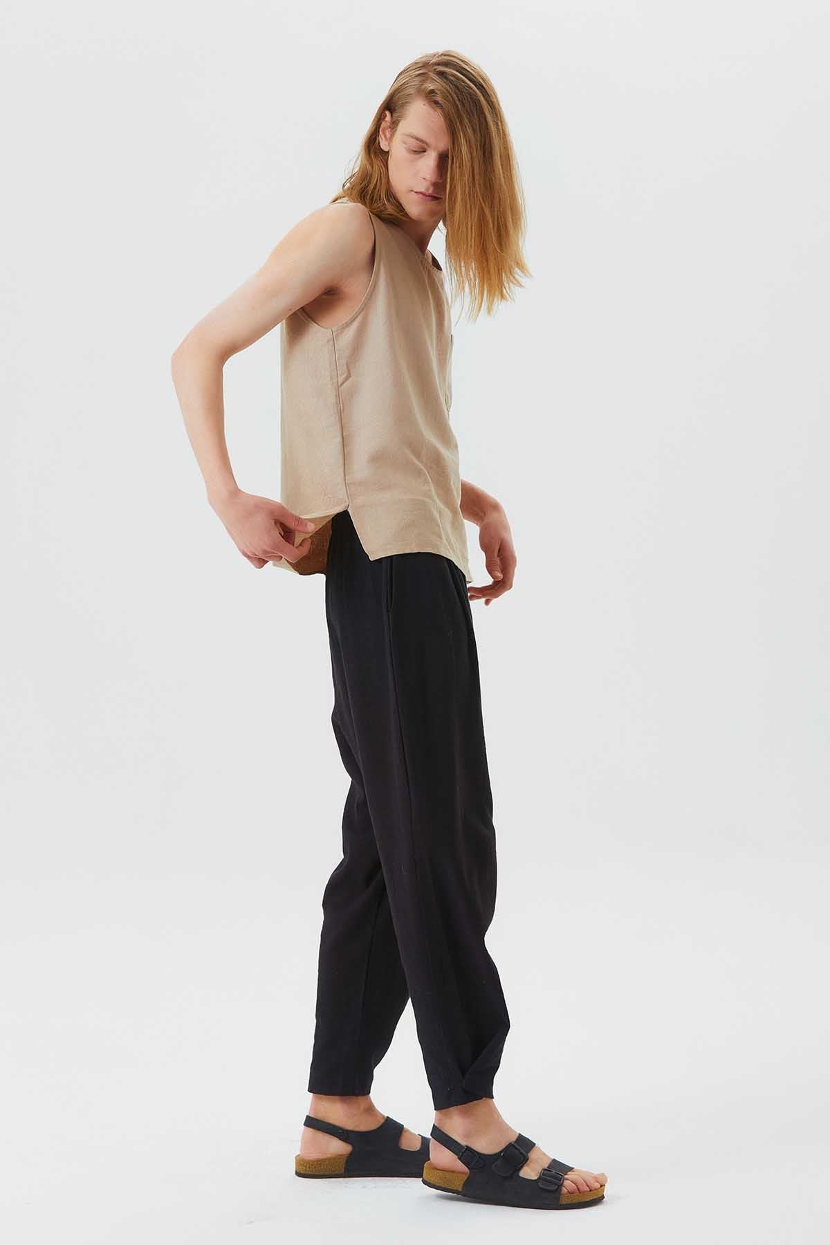 Elastic Waist Bohemian Style Men's Pants Black