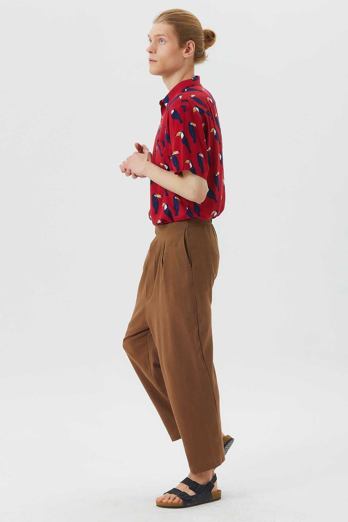 Elastic Waist Bohemian Style Men's Pants Brown