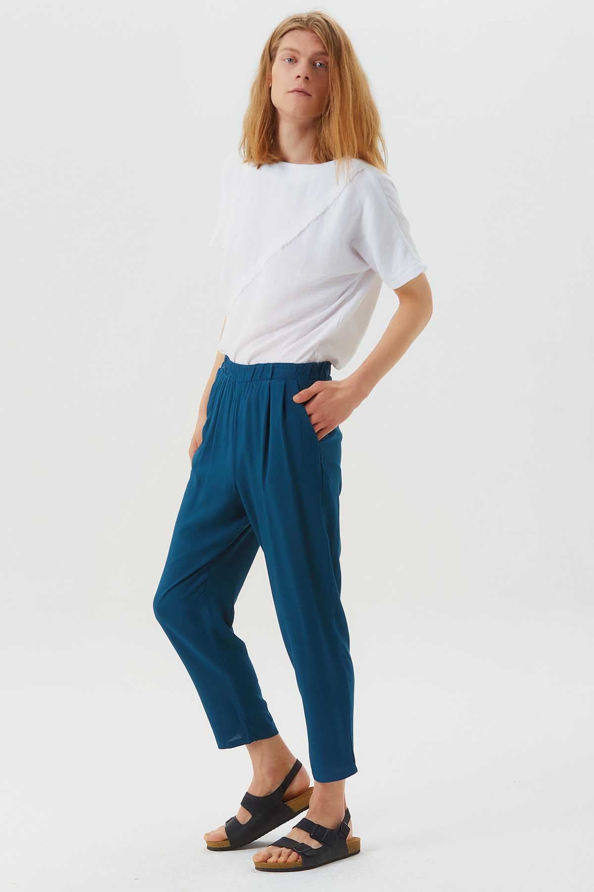 Pleated Elastic Waist Men's Pants Dark Blue