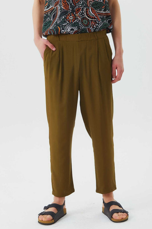 Pleated Elastic Waist Men's Pants Khaki