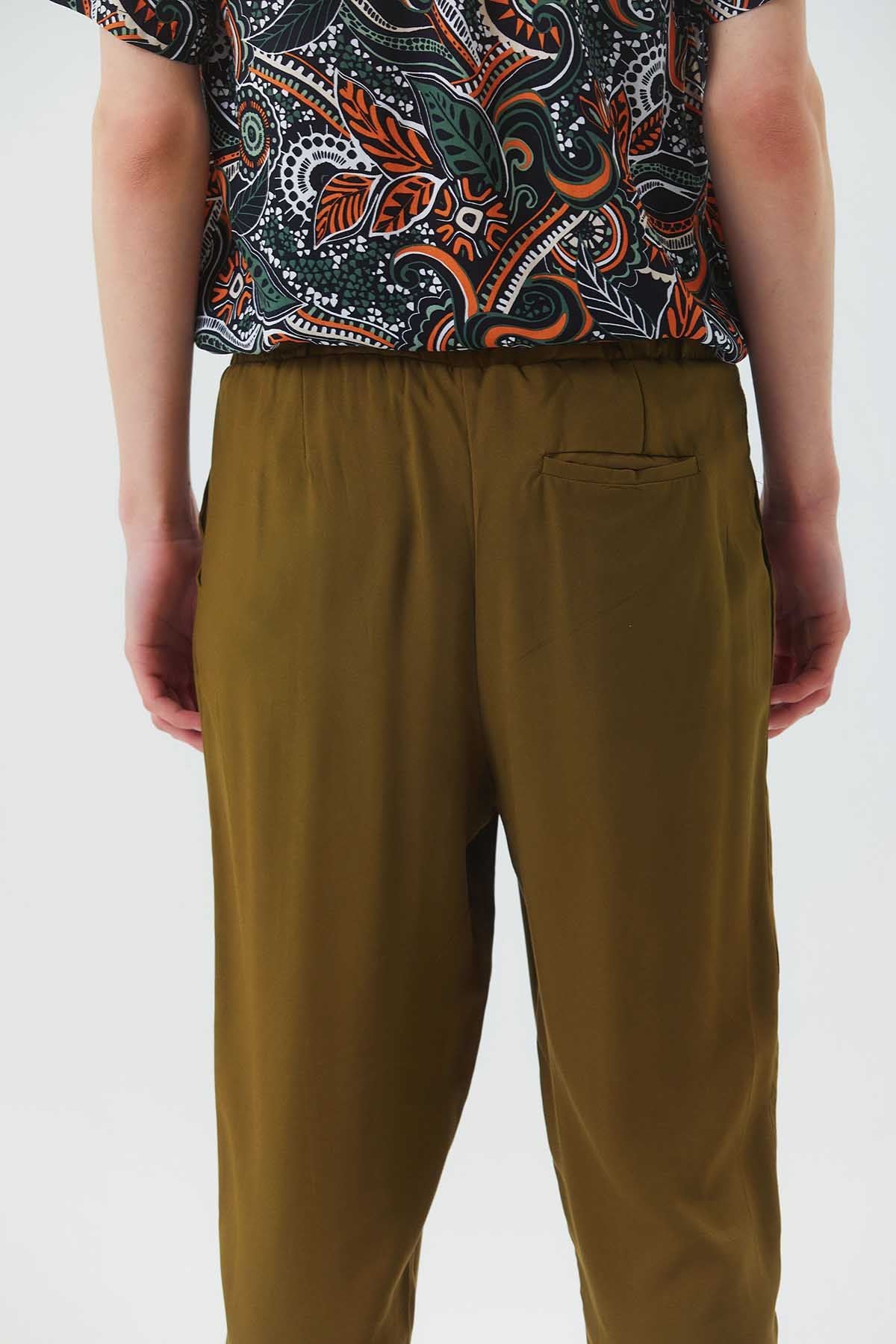 Pleated Elastic Waist Men's Pants Khaki