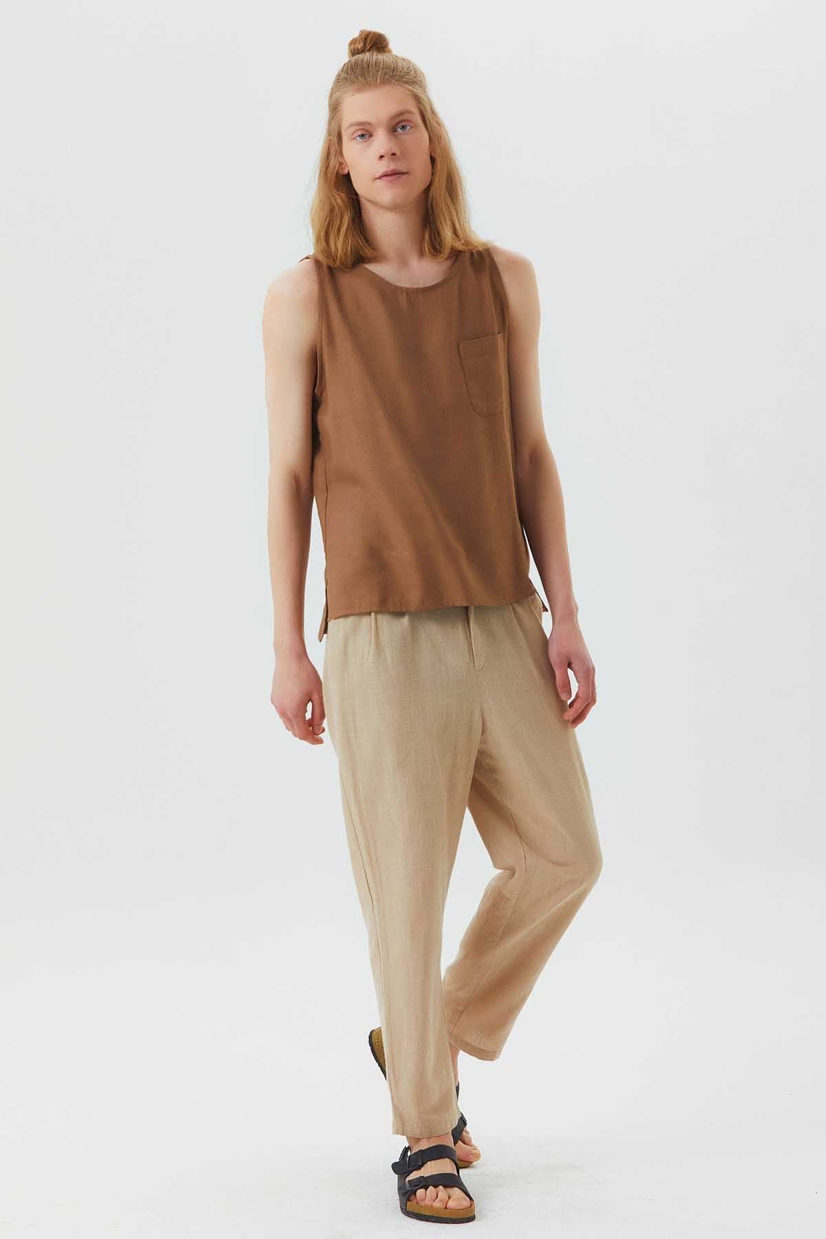 Slim Leg Pleated Stylish Unisex Pants Beige