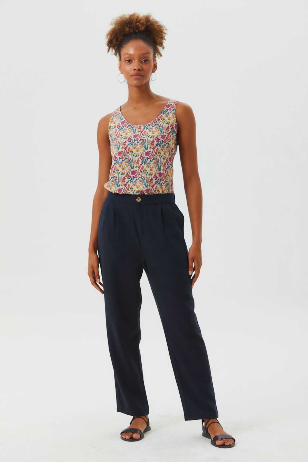 Slim Leg Pleated Stylish Unisex Pants Dark Blue
