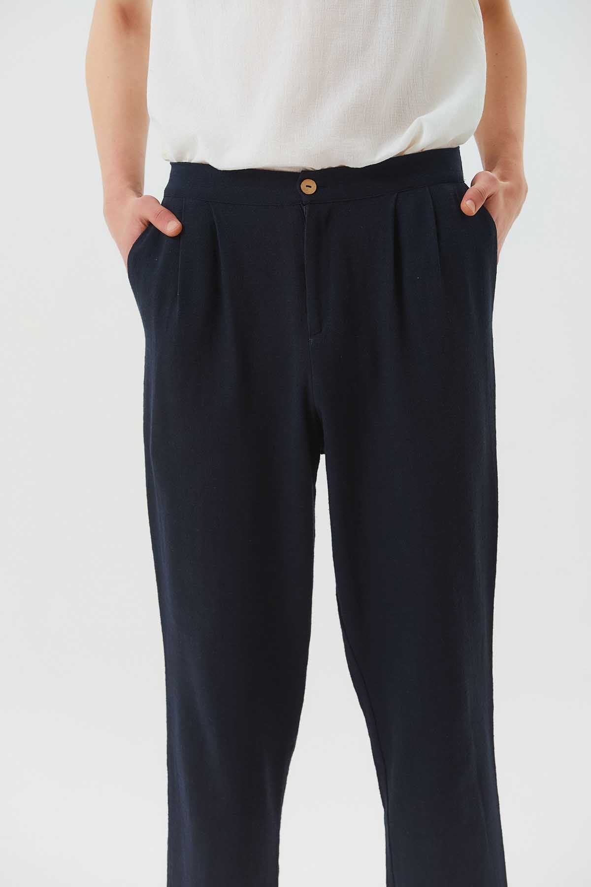Slim Leg Pleated Stylish Unisex Pants Dark Blue