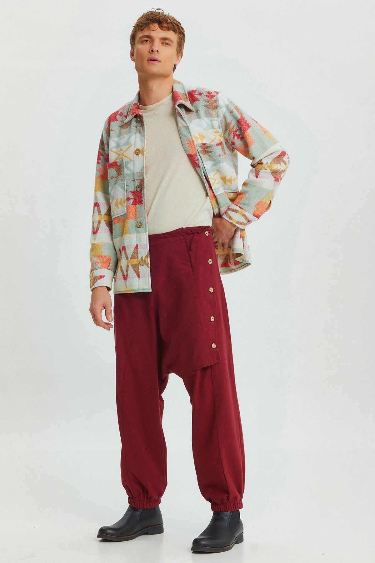 Elastic Cuff Men's Winter Harem Pants with Pocket Dark Red