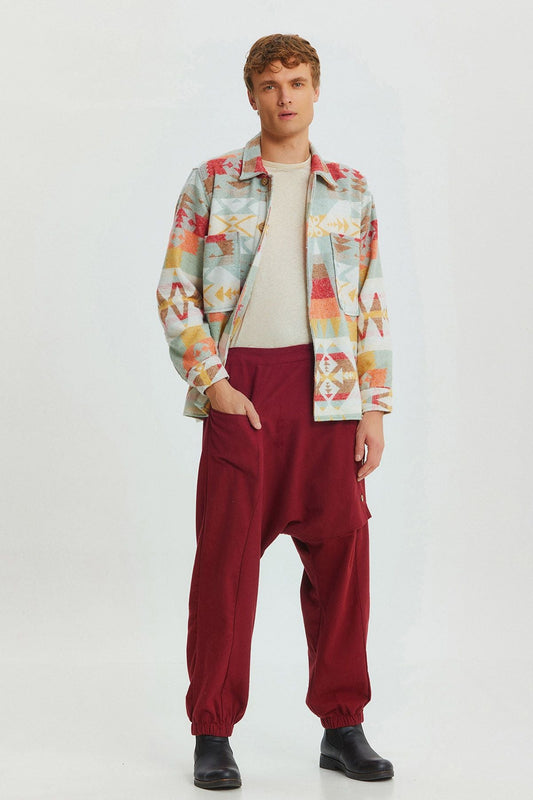 Elastic Cuff Men's Winter Harem Pants with Pocket Dark Red