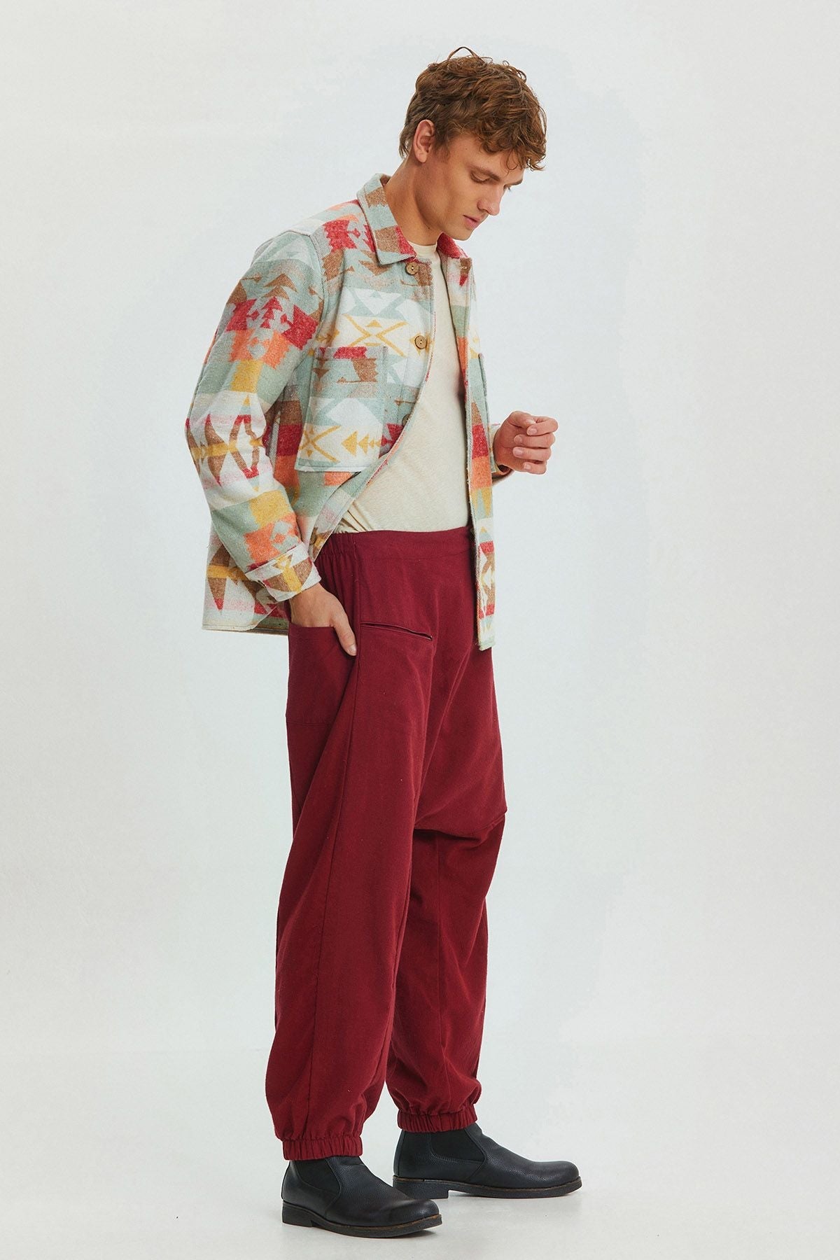 Elastic Cuff Men's Winter Harem Pants with Pocket Dark Red