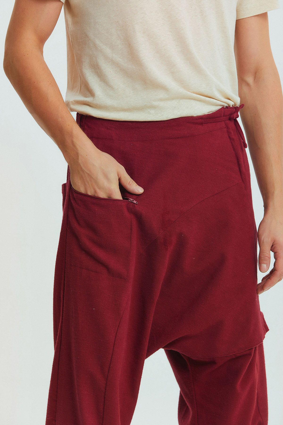 Elastic Cuff Men's Winter Harem Pants with Pocket Dark Red