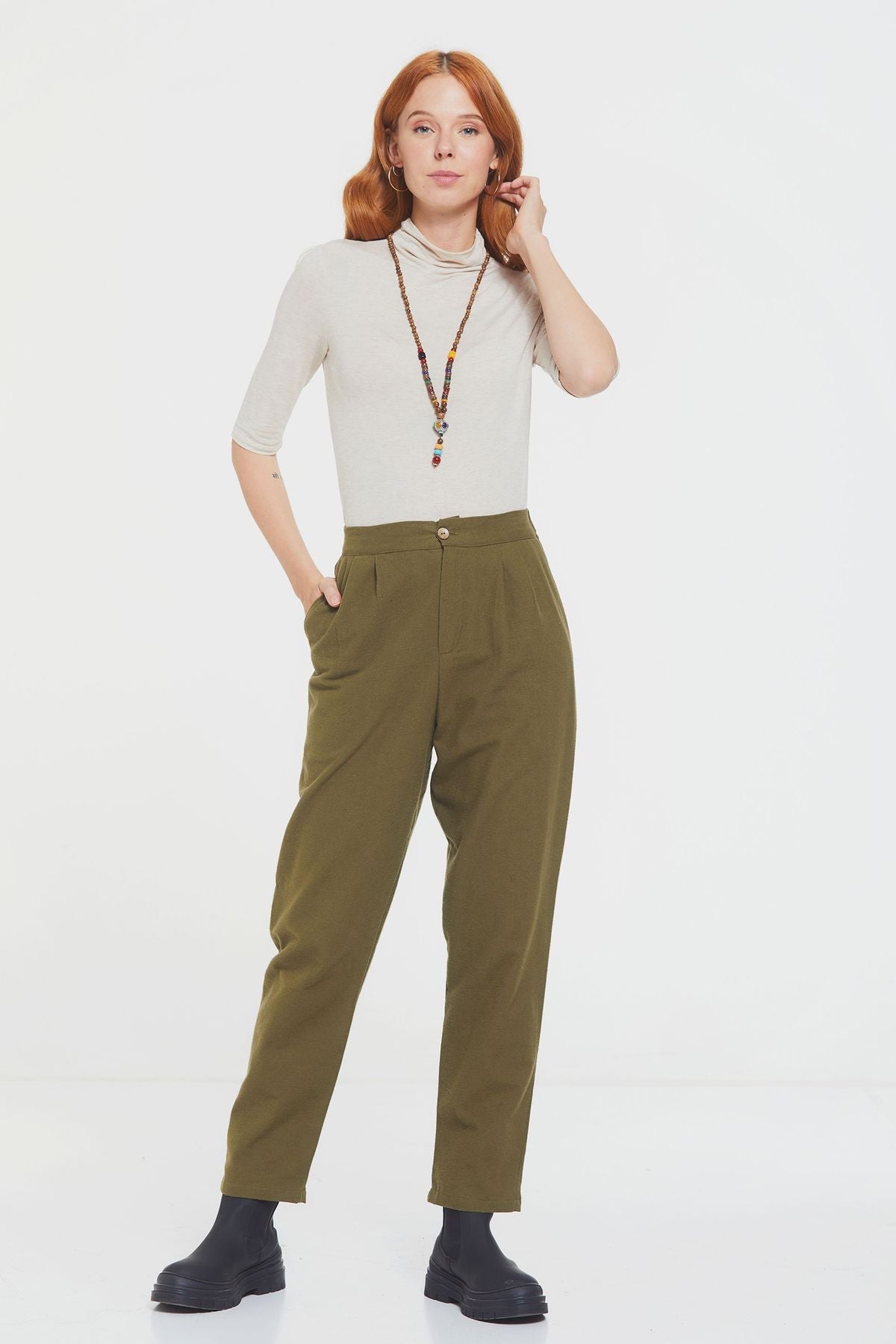Boho Style High Waist Unisex Cotton Pants Khaki