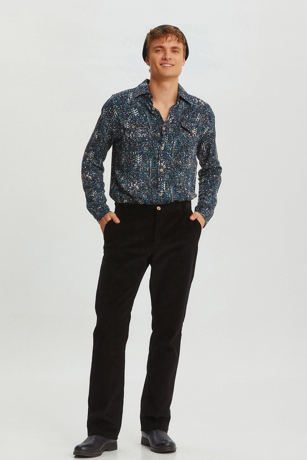 Relaxed Fit Corduroy Men's Trousers Black