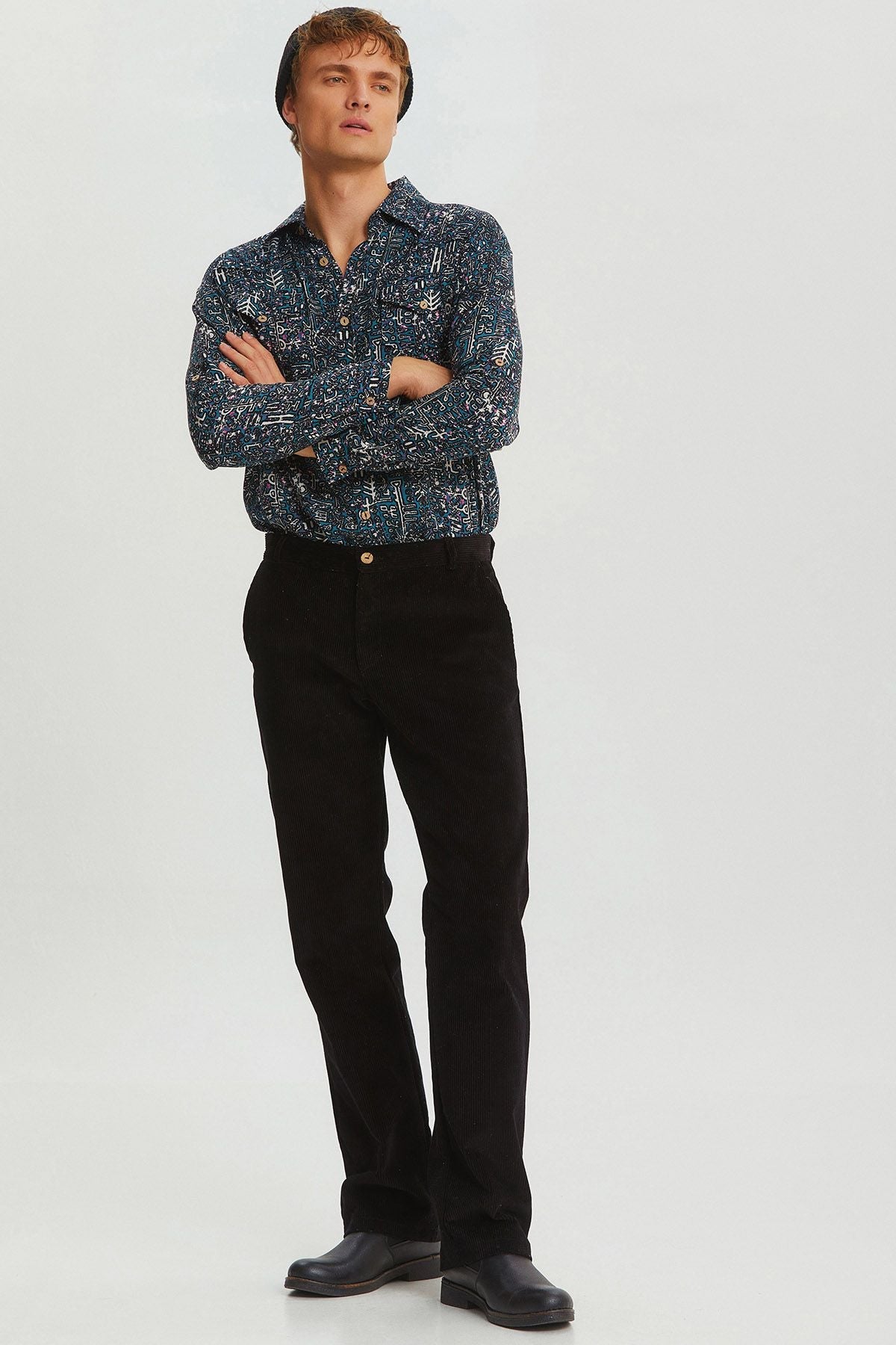 Relaxed Fit Corduroy Men's Trousers Black
