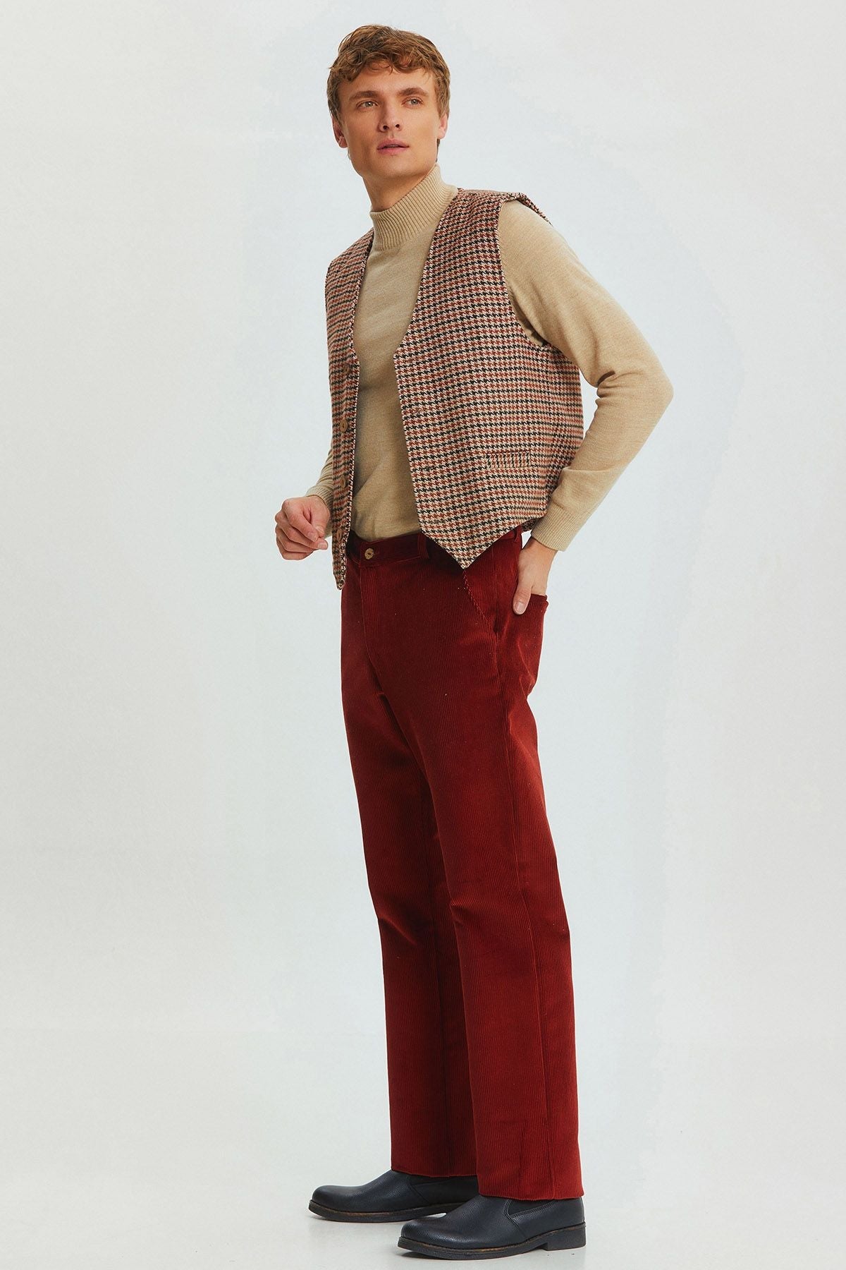 Relaxed Fit Corduroy Men's Trousers Dark Red