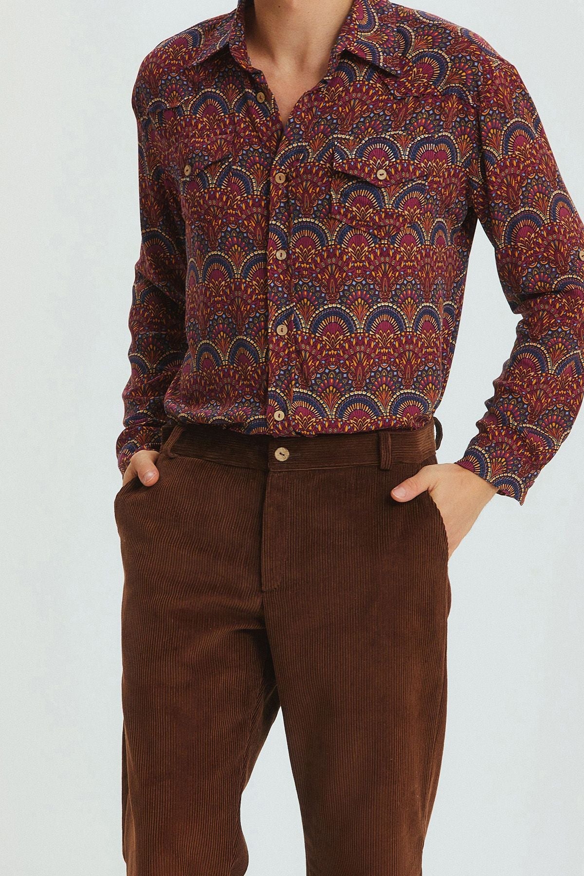Relaxed Fit Corduroy Men's Trousers Brown