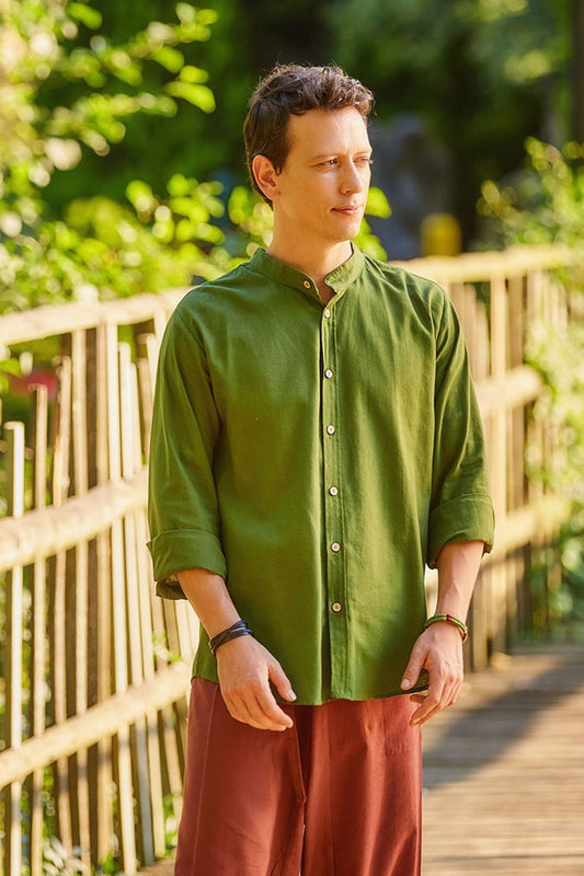 Band Collar Men's Shirt Green