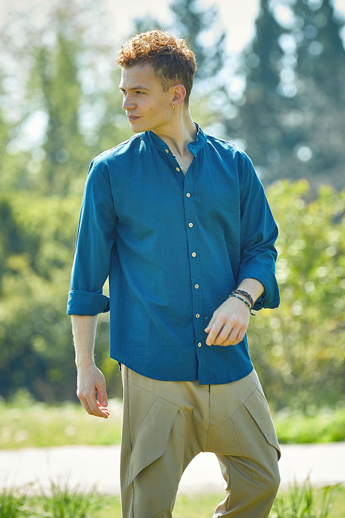 Band Collar Men's Shirt Dark Blue