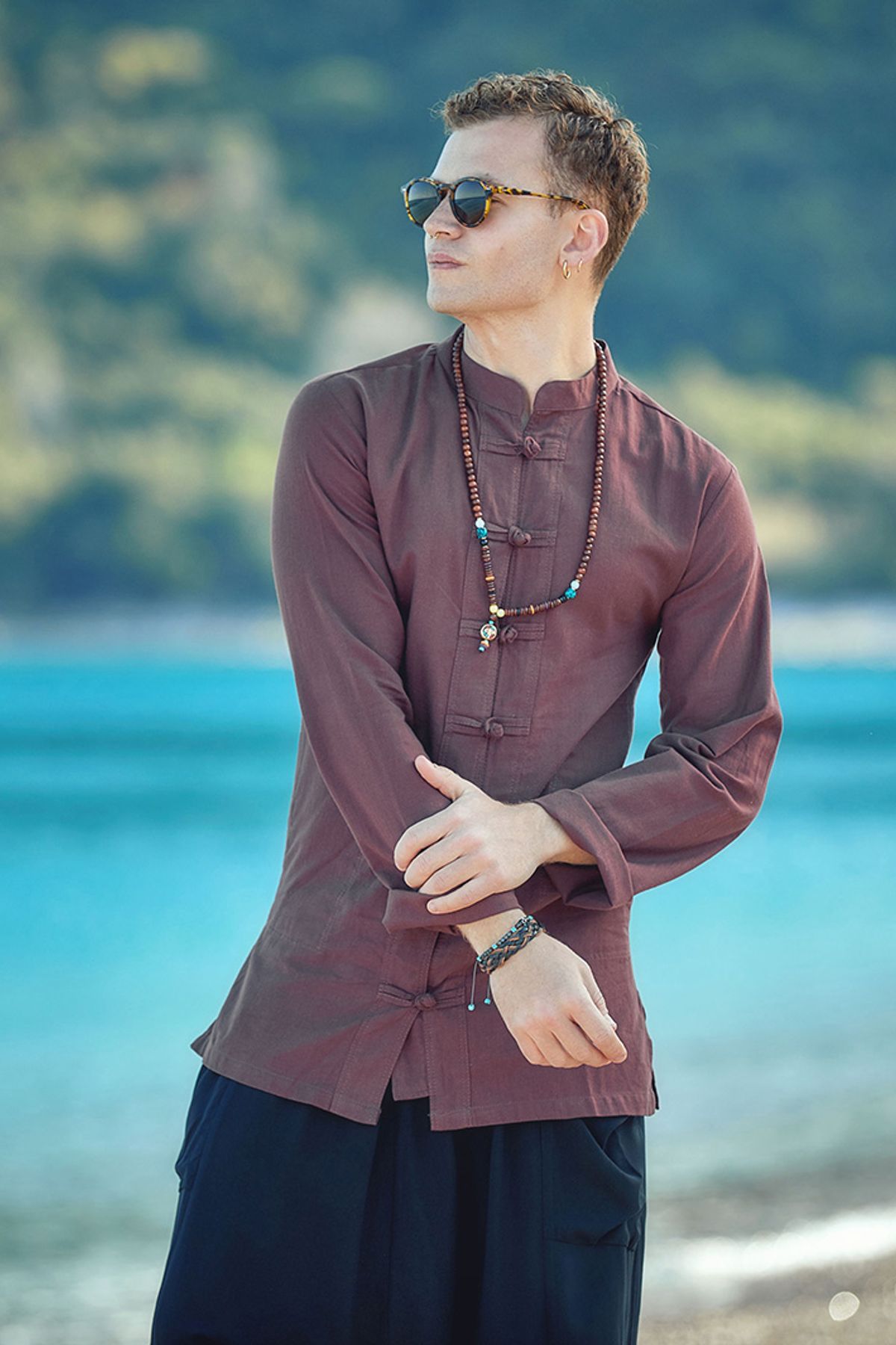 Knot Button Men's Shirt Brown