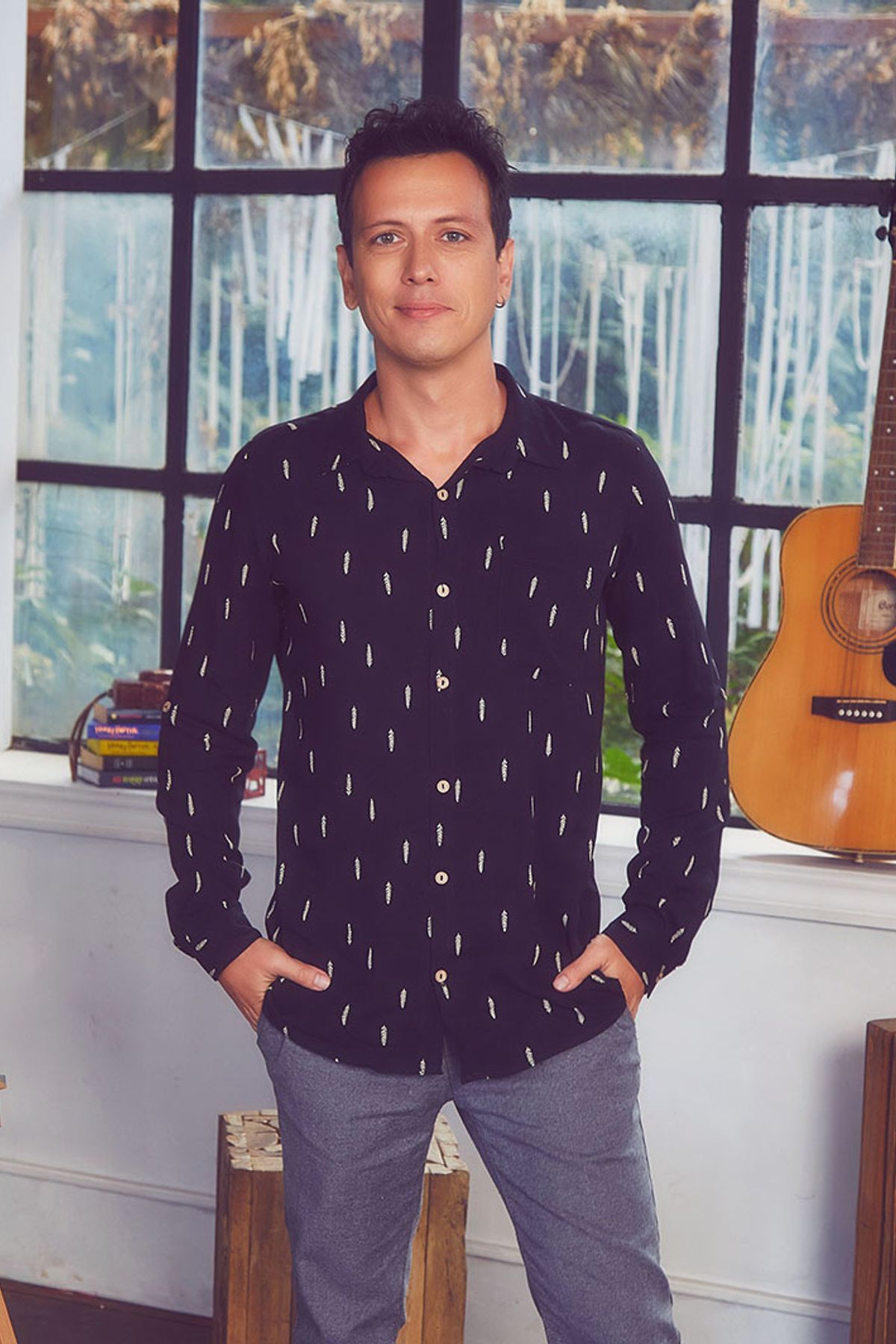 Printed Long Sleeve Men's Shirt Black