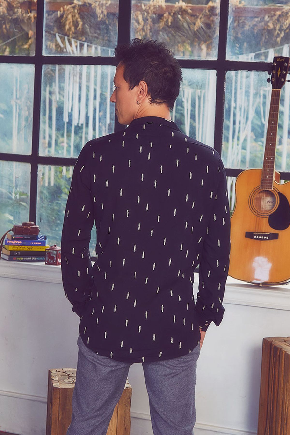 Printed Long Sleeve Men's Shirt Black