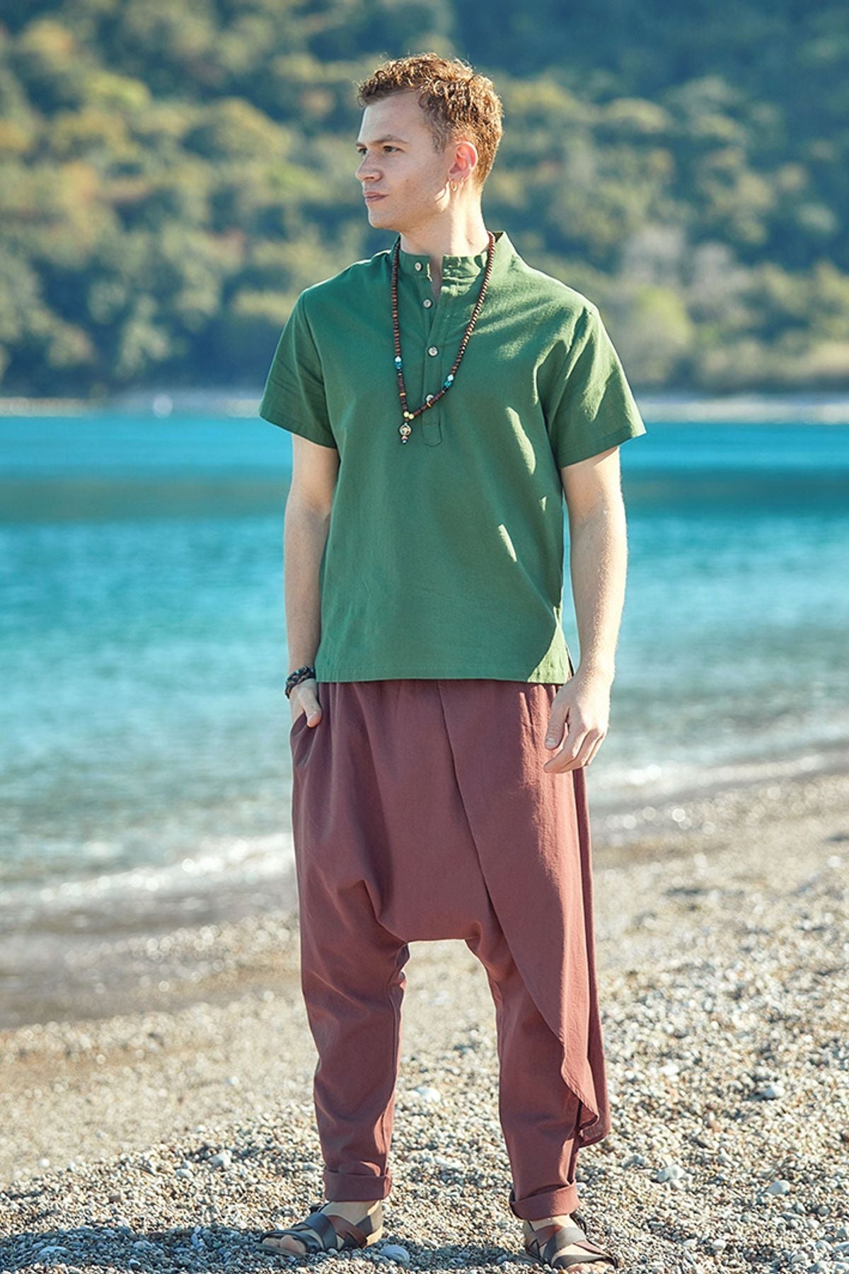 Men's Band Collar Short Sleeve Hippie Shirt Green