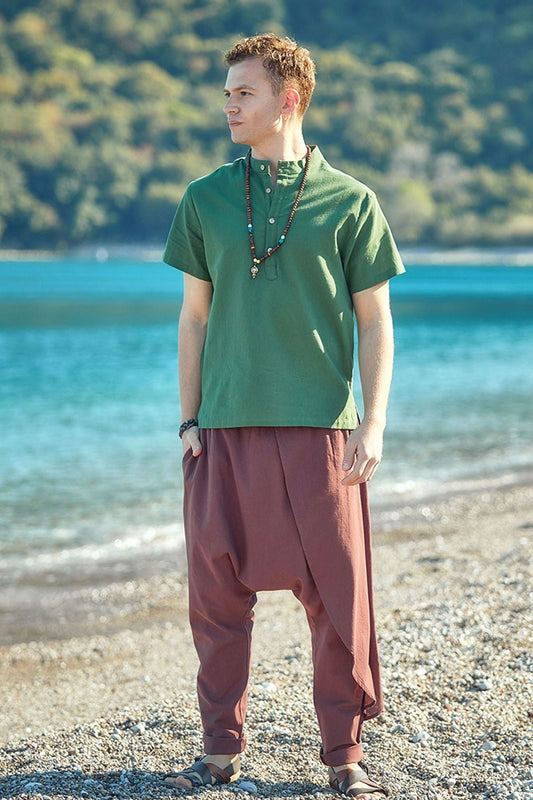 Men's Band Collar Short Sleeve Hippie Shirt Green