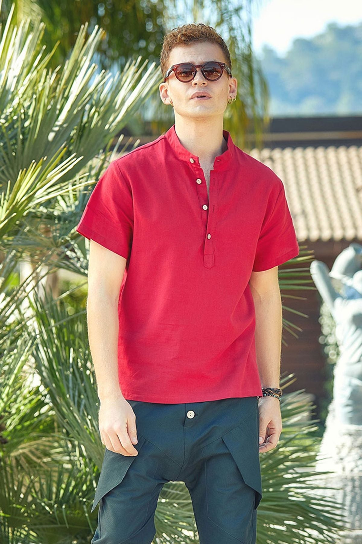 Men's Band Collar Short Sleeve Hippie Shirt Red