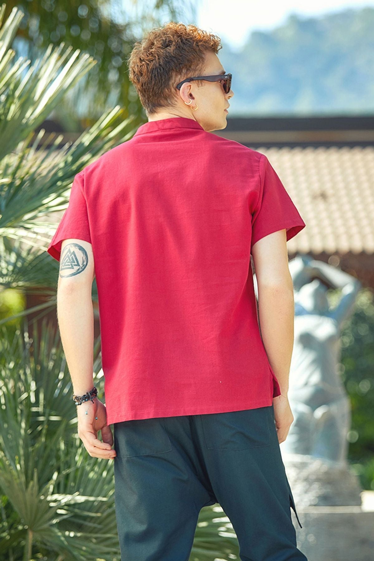 Men's Band Collar Short Sleeve Hippie Shirt Red