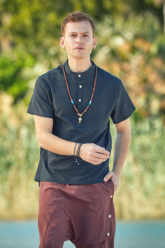 Men's Band Collar Short Sleeve Hippie Shirt Black