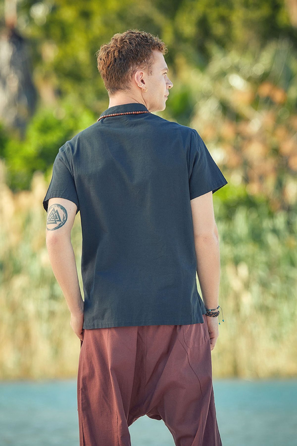 Men's Band Collar Short Sleeve Hippie Shirt Black