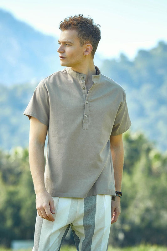 Men's Band Collar Short Sleeve Hippie Shirt Beige