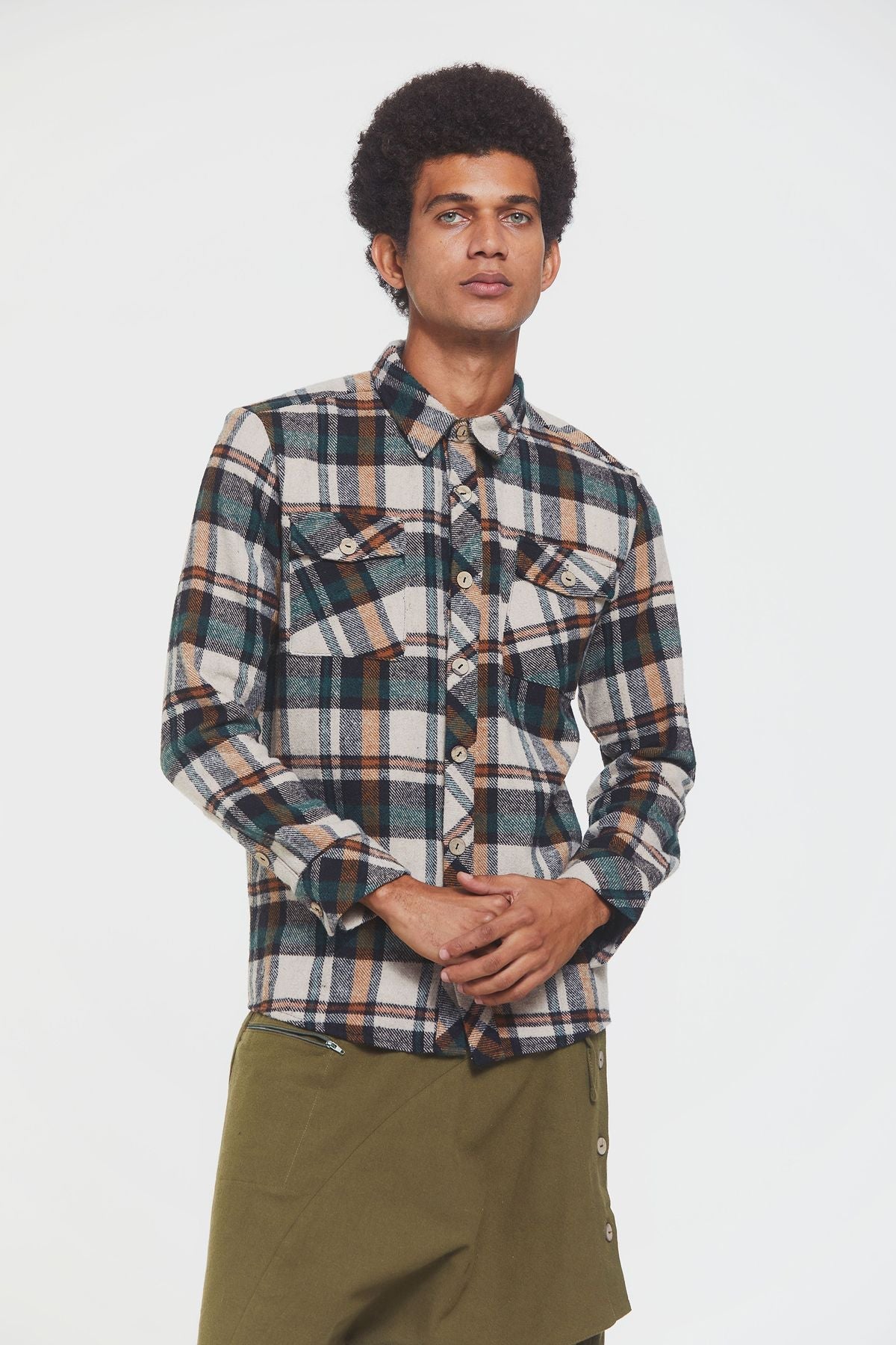 Bohemian Men's Winter Shirt in Retro Pattern Green