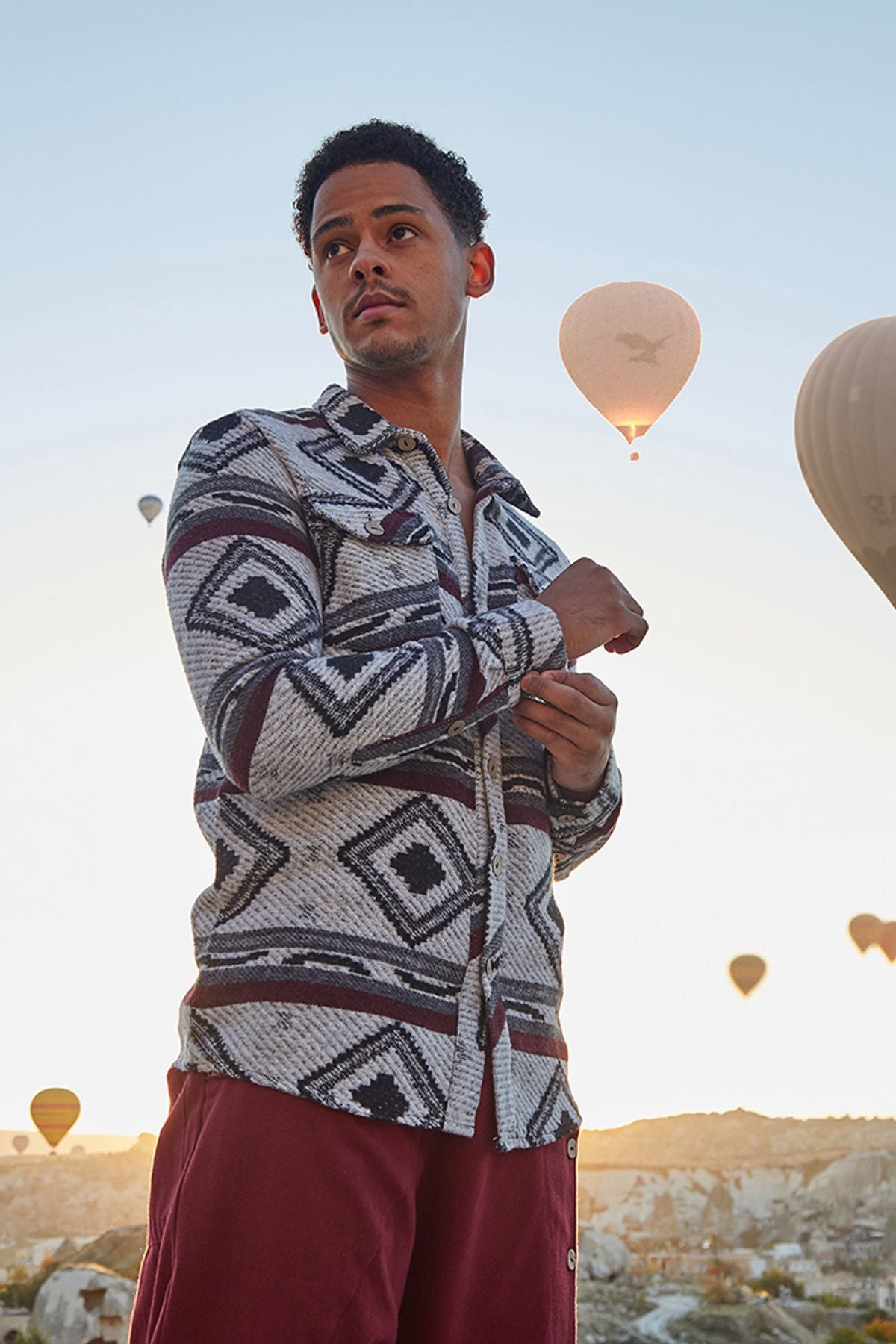 Bohemian Men's Winter Shirt in Retro Pattern Beige