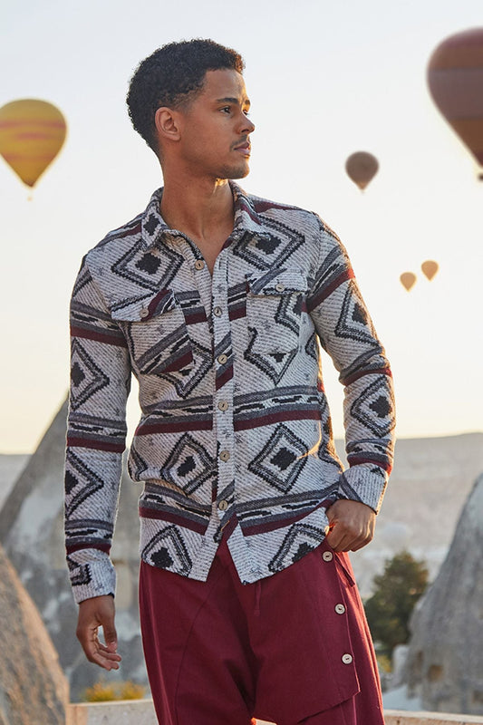Bohemian Men's Winter Shirt in Retro Pattern Beige