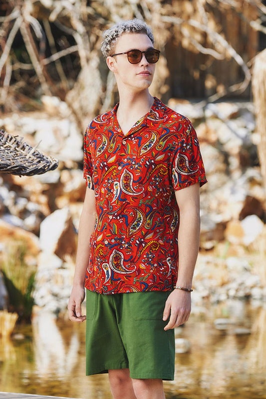 Men's Shirt with Paisley Print Burnt Orange