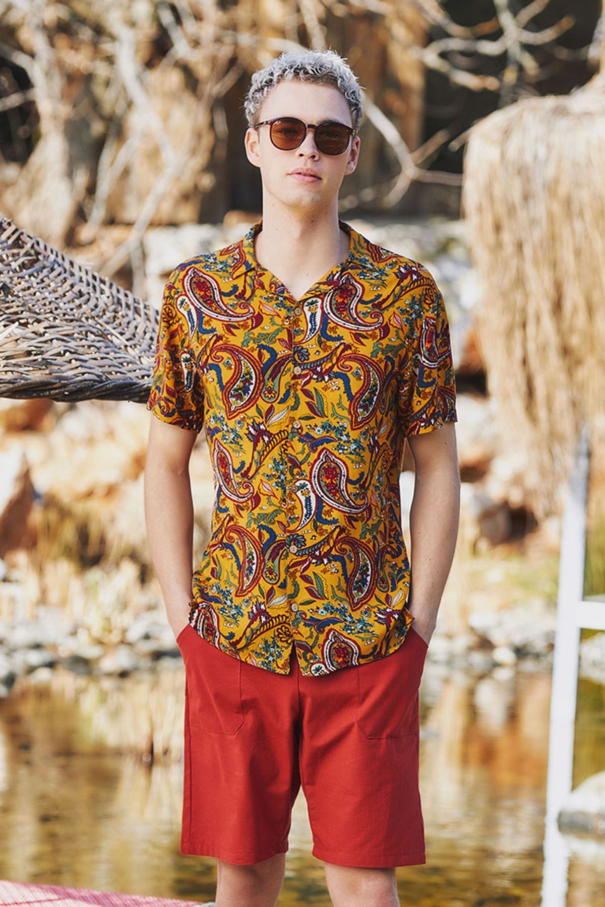 Men's Shirt with Paisley Print Yellow