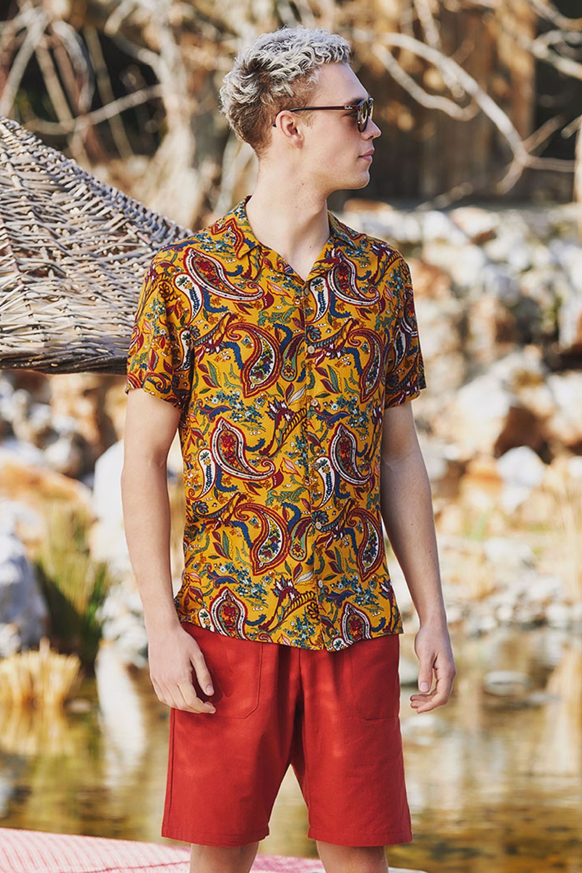 Men's Shirt with Paisley Print Yellow