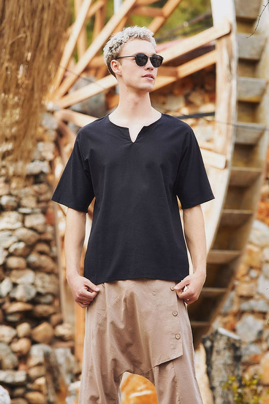 Men's Short Sleeve Boho Hippie Shirt Black