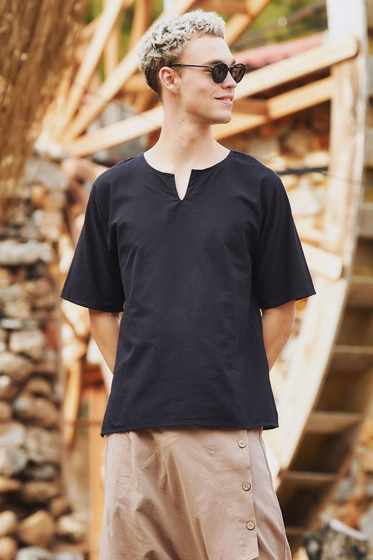 Men's Short Sleeve Boho Hippie Shirt Black