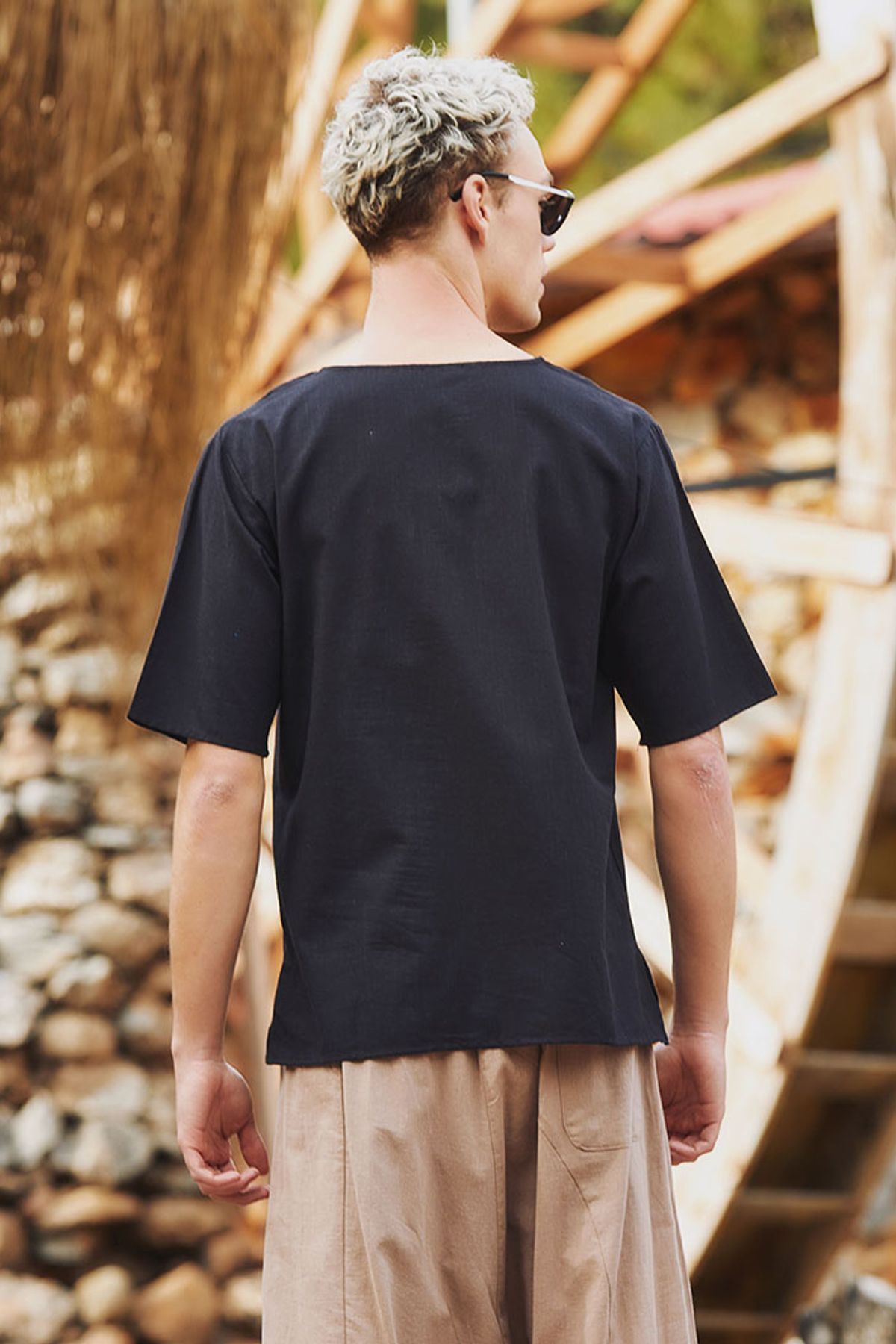 Men's Short Sleeve Boho Hippie Shirt Black