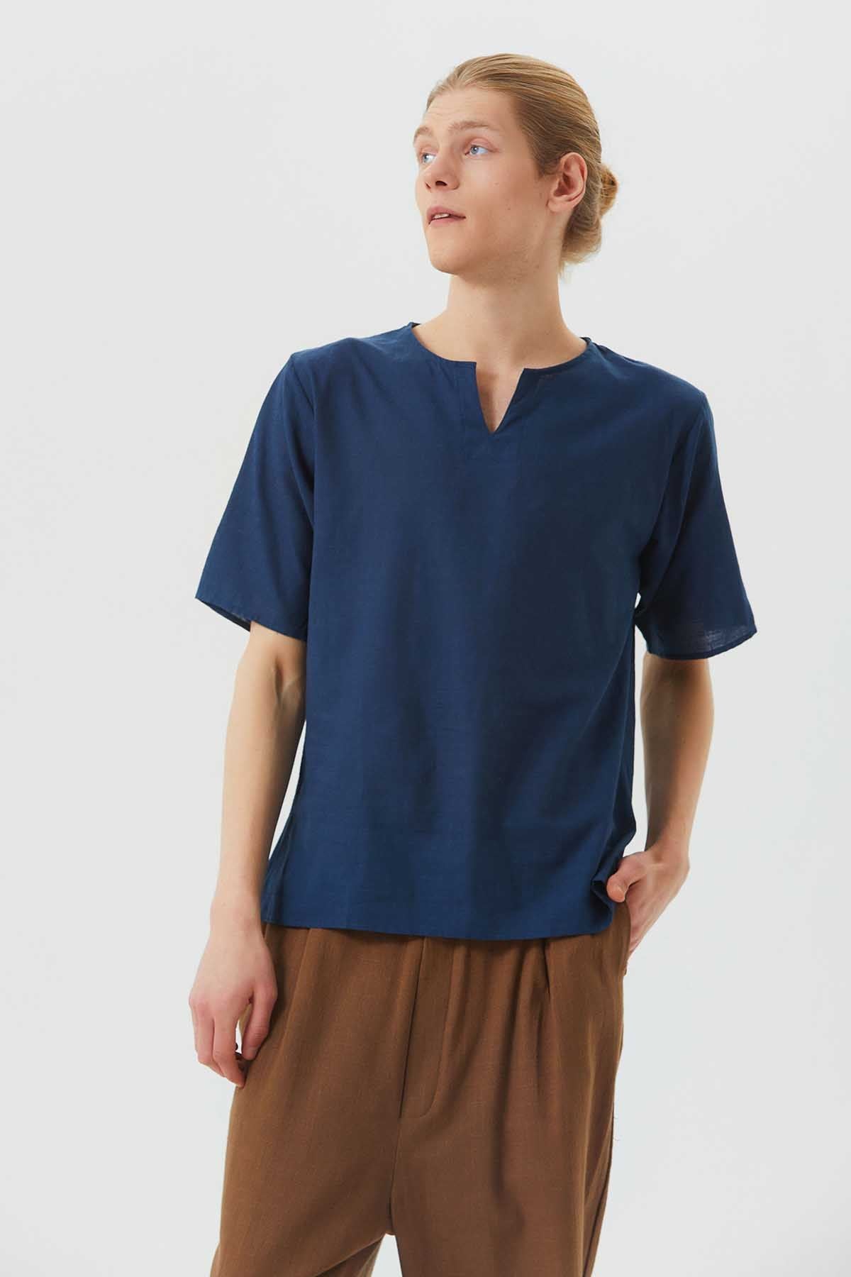 Men's Short Sleeve Boho Hippie Shirt Dark Blue