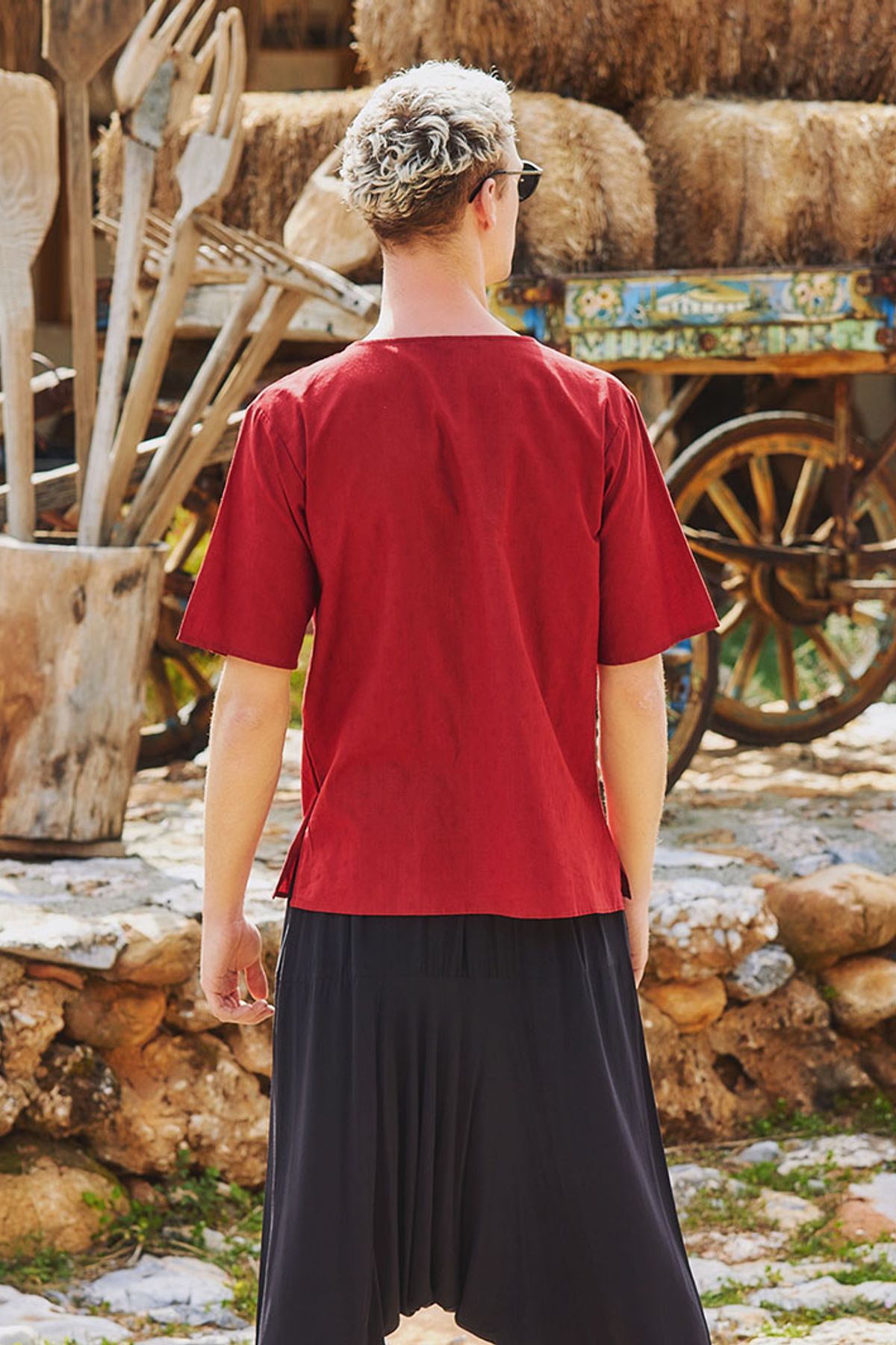 Men's Short Sleeve Boho Hippie Shirt Dark Red