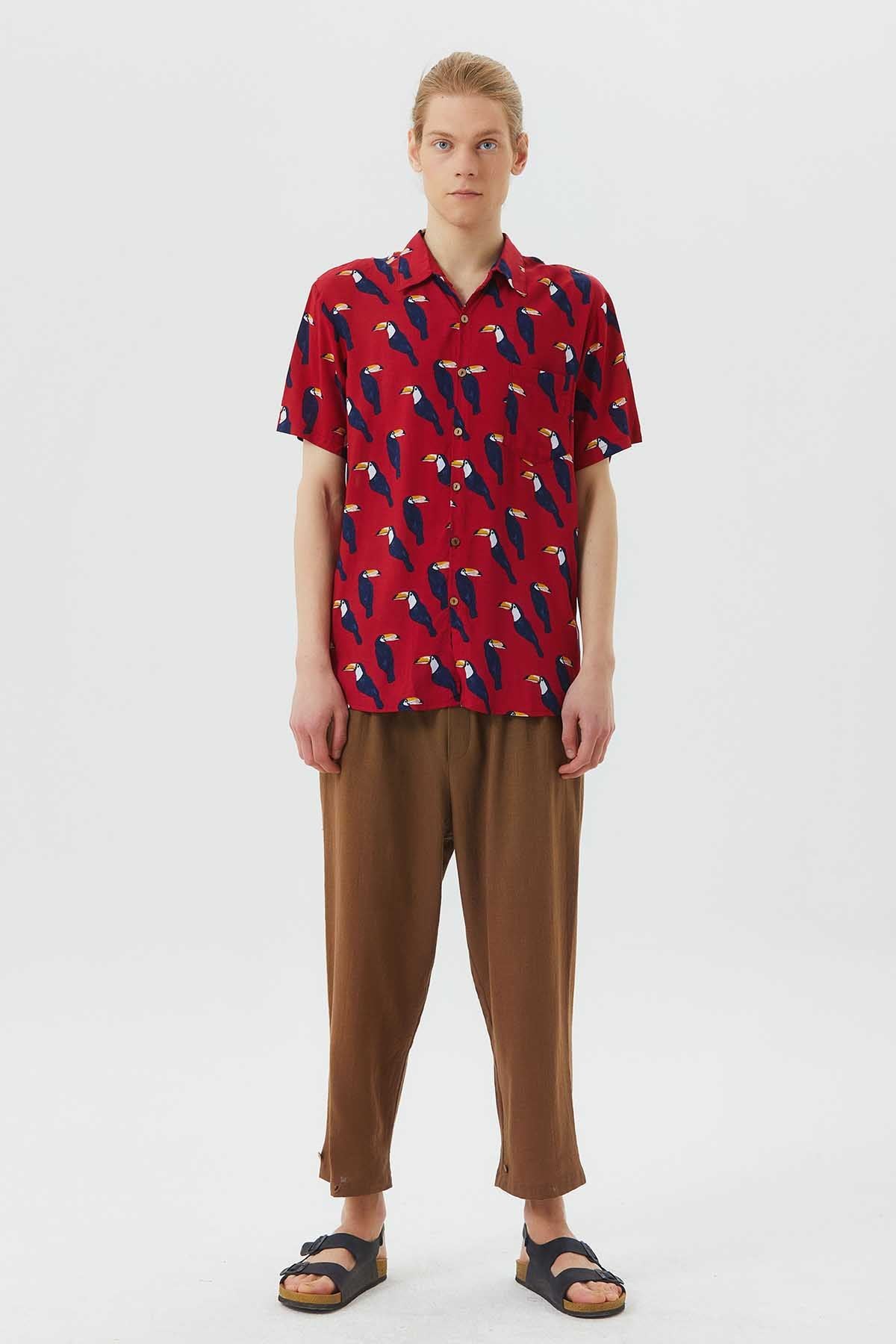 Printed Short Sleeve Men's Shirt Red