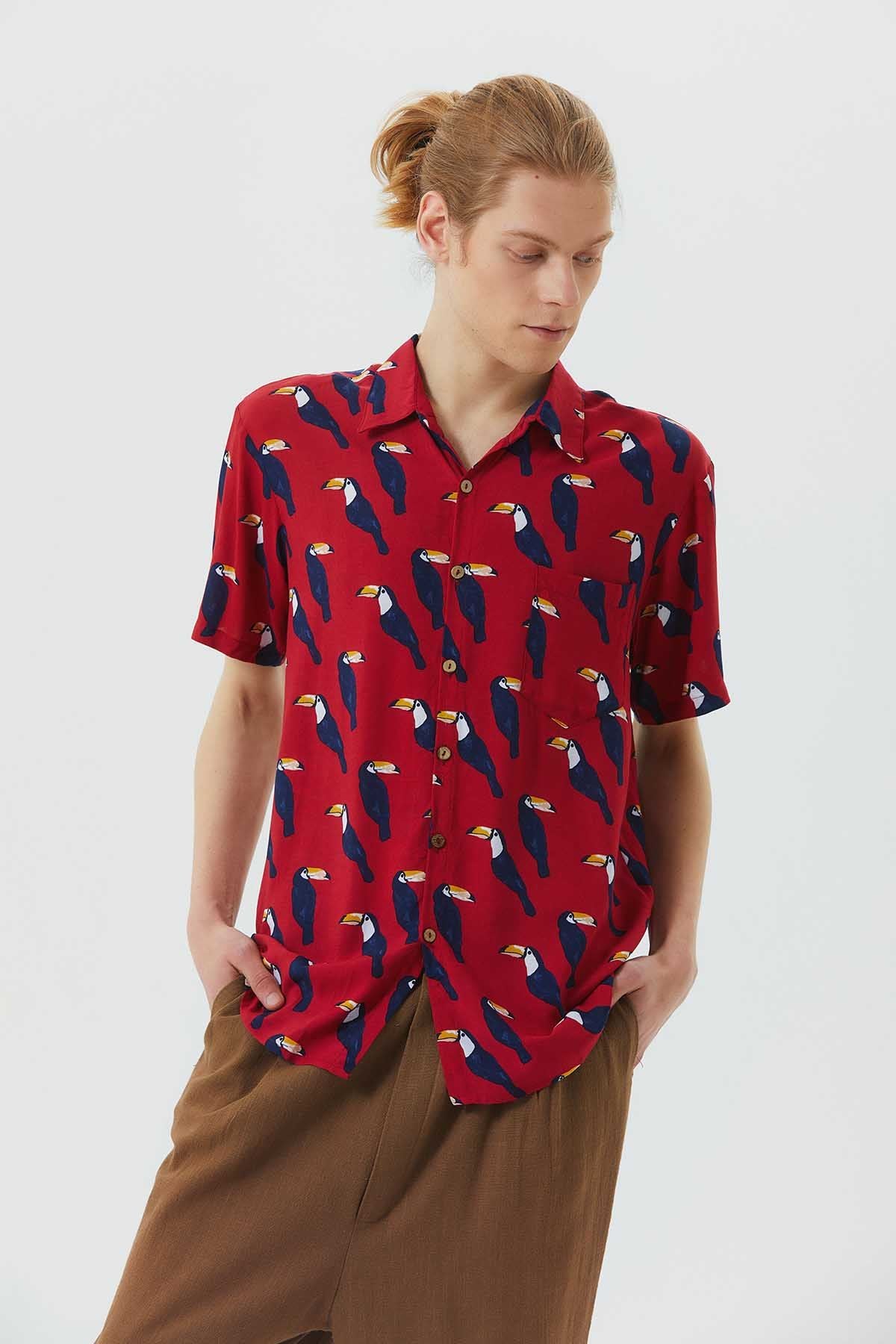 Printed Short Sleeve Men's Shirt Red