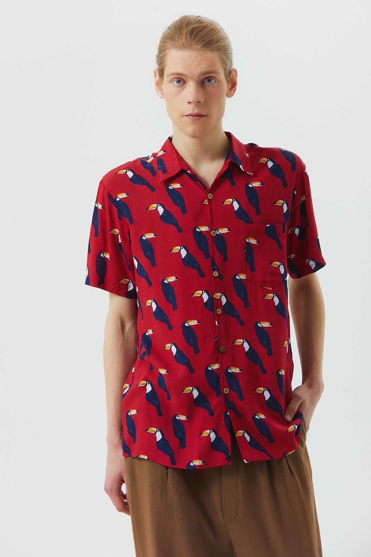 Printed Short Sleeve Men's Shirt Red