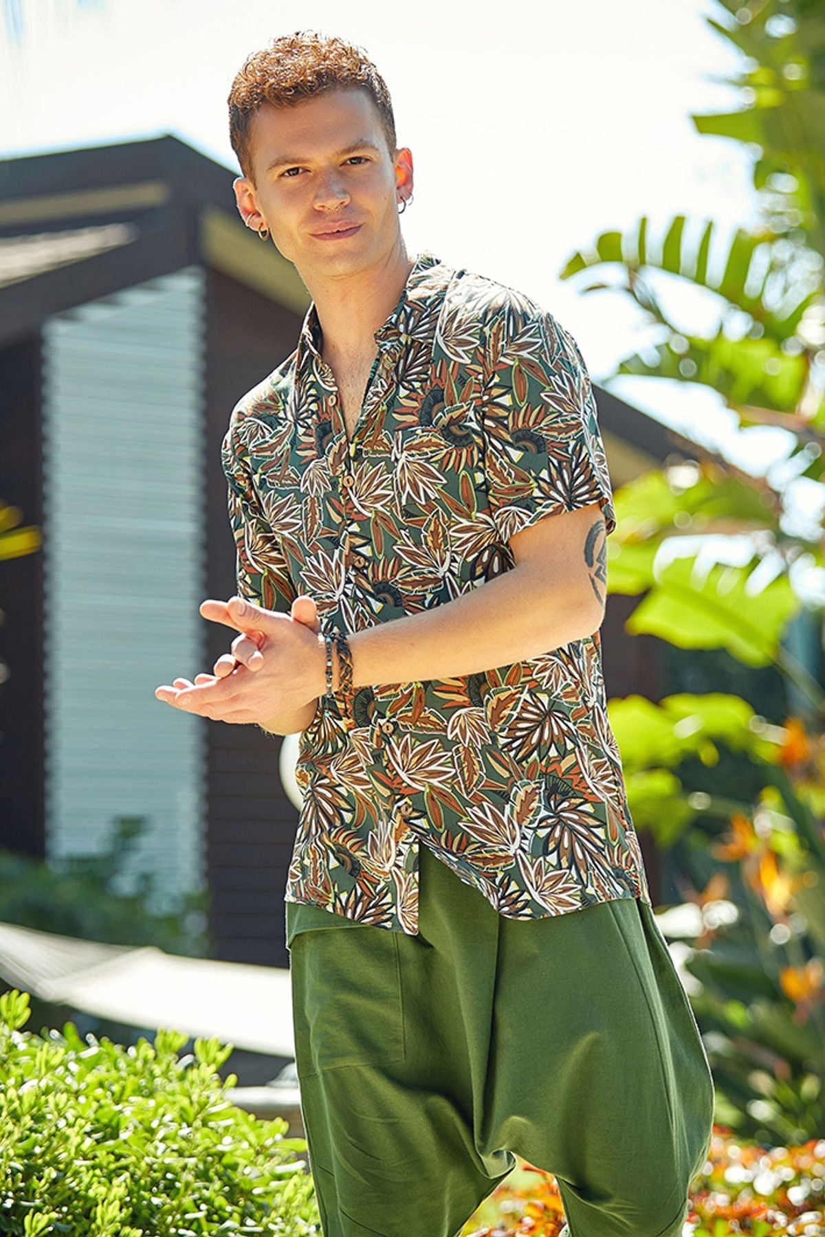 Printed Short Sleeve Men's Shirt Khaki