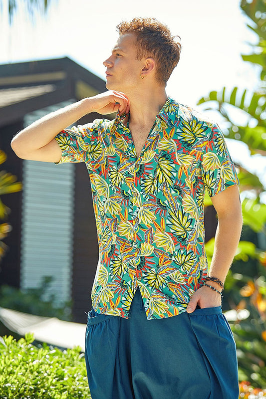 Printed Short Sleeve Men's Shirt Yellow