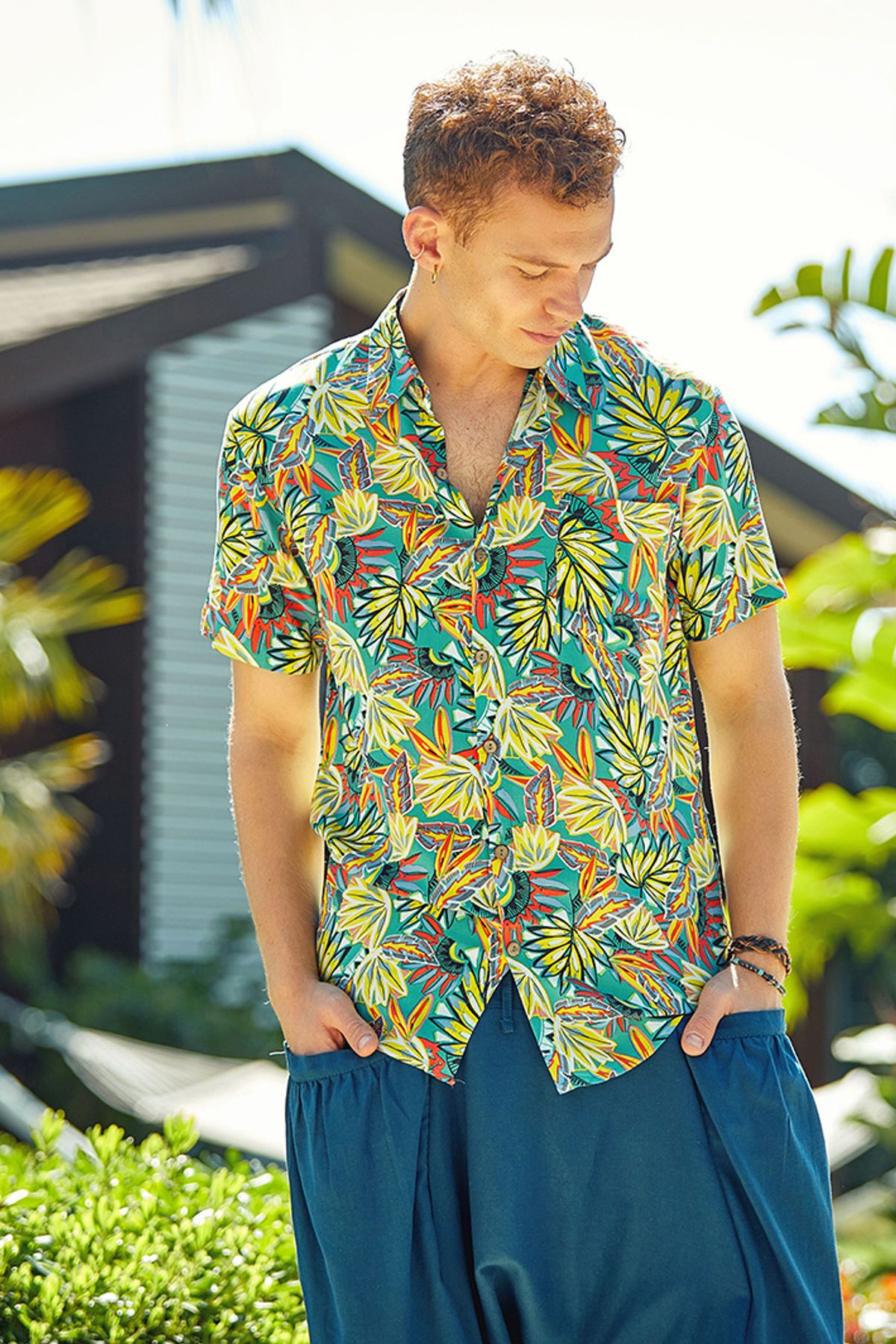 Printed Short Sleeve Men's Shirt Yellow