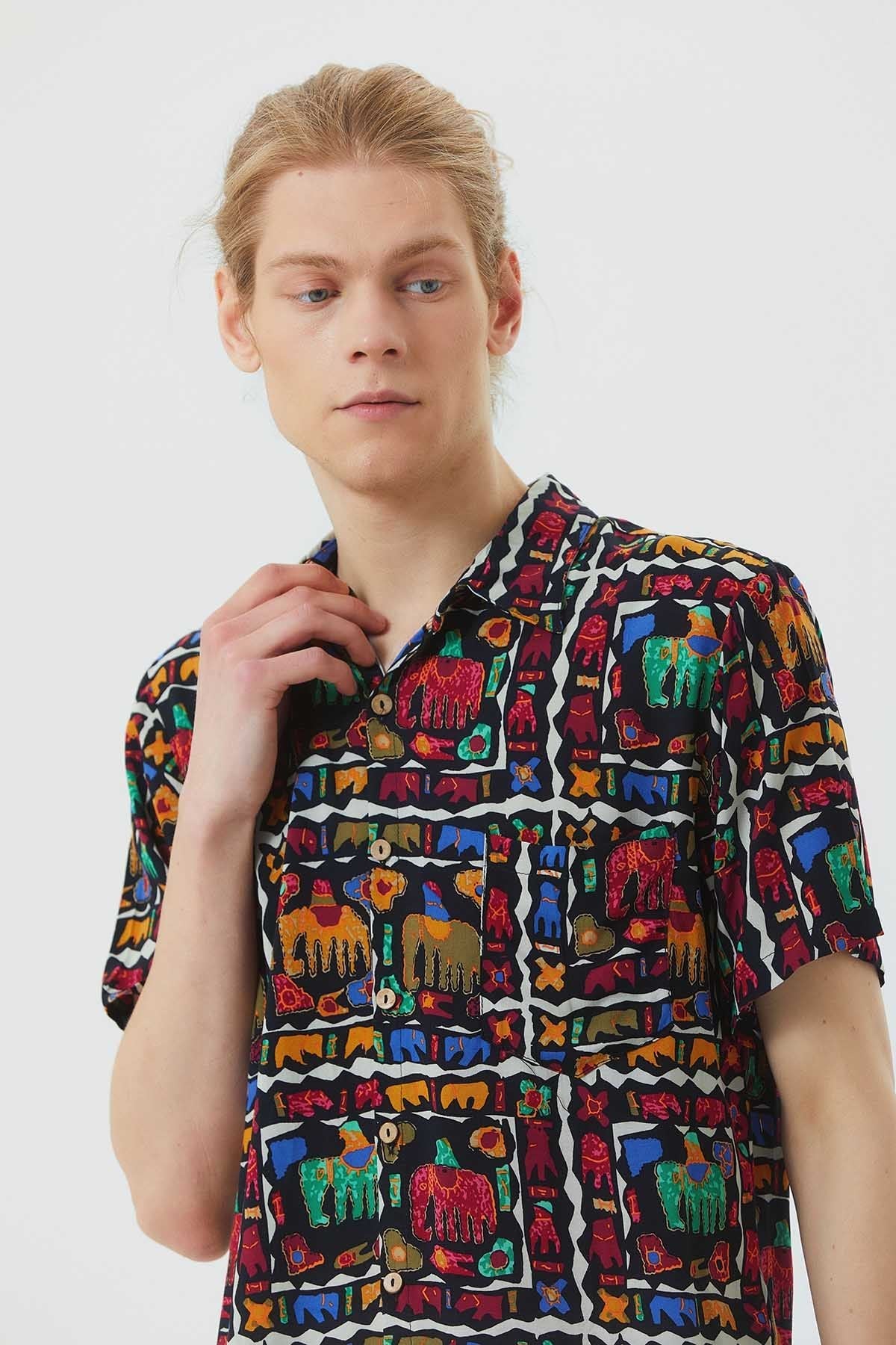 Printed Short Sleeve Men's Shirt Green - Black
